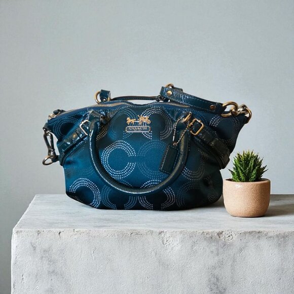 Coach Madison Op Art Dot Sophia Satchel Teal Patent Leather Trim - Picture 1 of 16